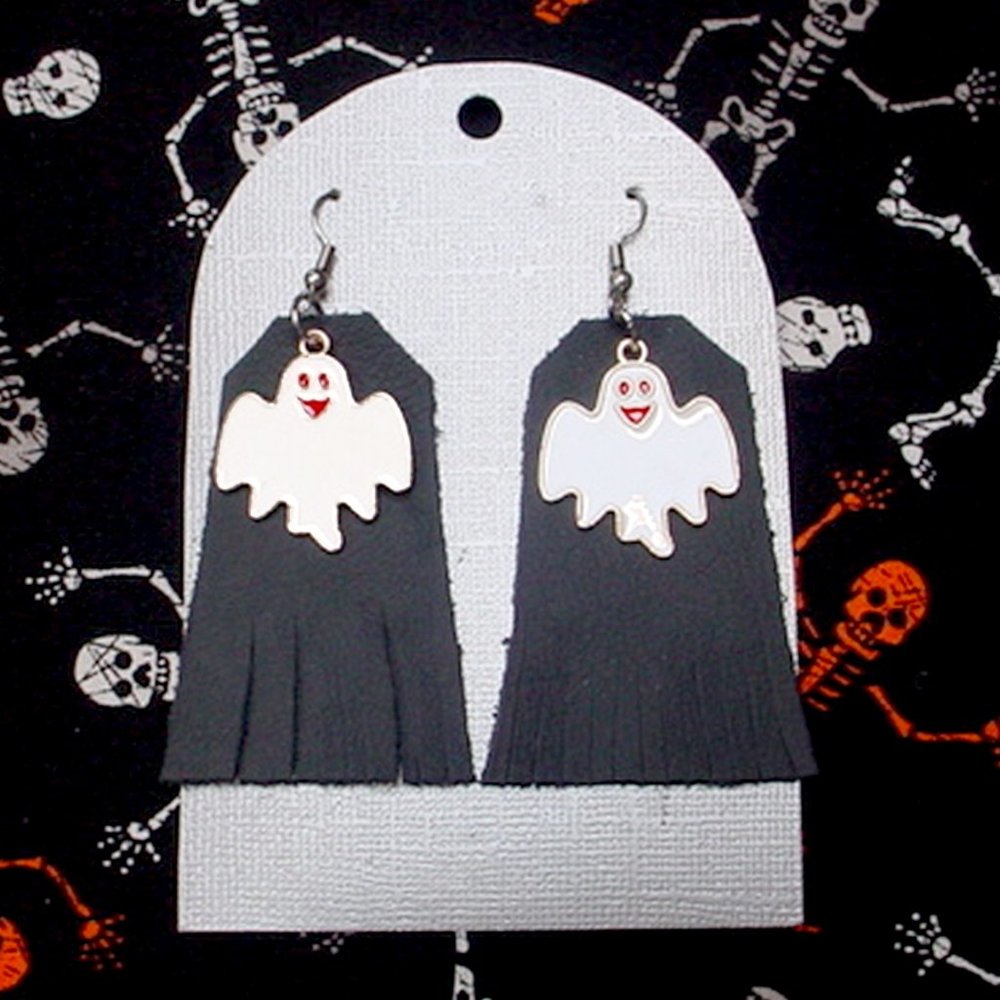 HALLOWEEN EARRINGS WITH GHOSTS FRINGED BLACK LEATHER & ENAMEL CHARMS